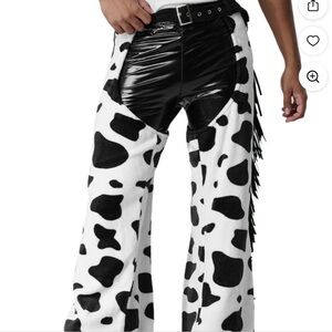 NWT, iEFiEL unisex cow print cowboy chaps, black and white cow-spot designs, L45
